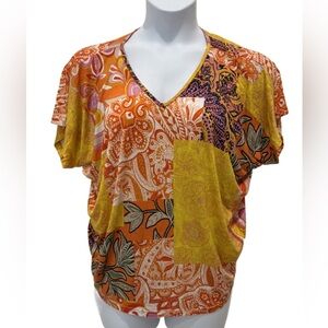Cha Cha Vente Orange and Yellow Paisley Blouse, Large